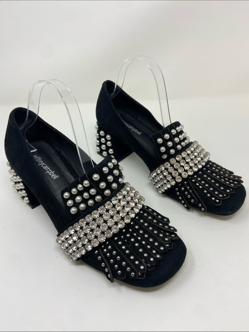 Jeffrey Campbell Black Embellished Pearl & Studded Block Heel Loafer size 10